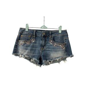 American Eagle Outfitters Rhinestone Denim Booty Short 4 Stretch Raw Hem Cut Off